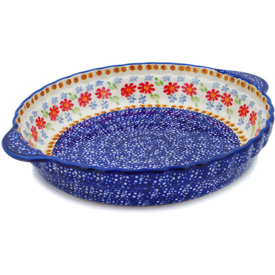 Polish Pottery Pie Dish Fluted with Handles 11&quot; Seeds Of Summer UNIKAT