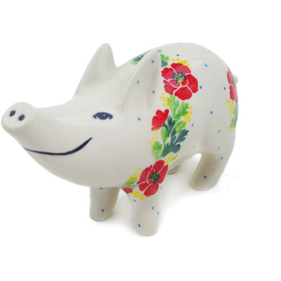 Polish Pottery Pig Figurine 5&quot; Red Poppy Chain