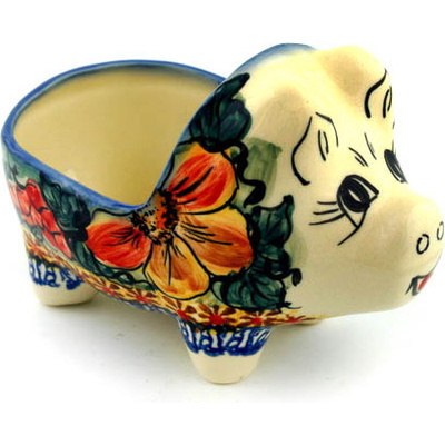 Polish Pottery Pig Shaped Jar 5&quot; Colorful Bouquet UNIKAT