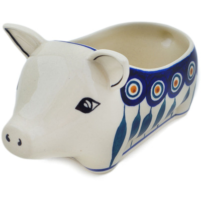 Polish Pottery Pig Shaped Jar 6&quot; Peacock