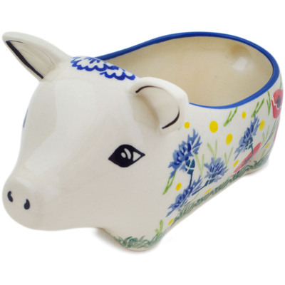 Polish Pottery Pig Shaped Jar 6&quot; Poppies And Cornflowers UNIKAT