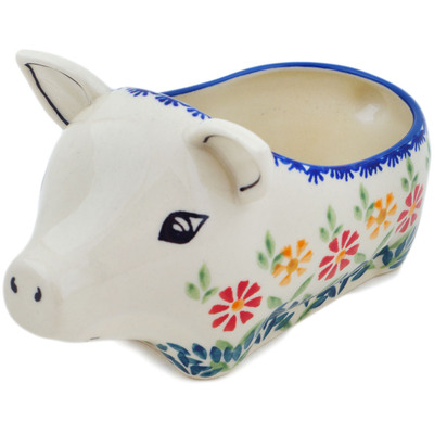 Polish Pottery Pig Shaped Jar 6&quot; Wave Of Flowers