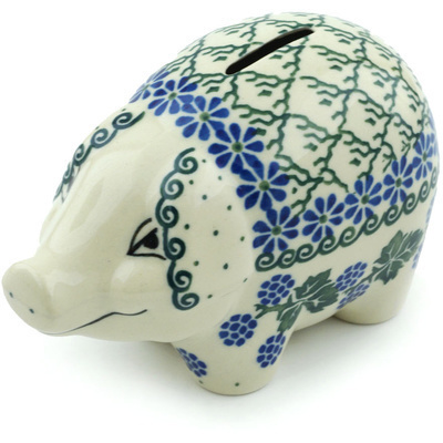Polish Pottery Piggy Bank 5&quot; Twinkling Flowers UNIKAT