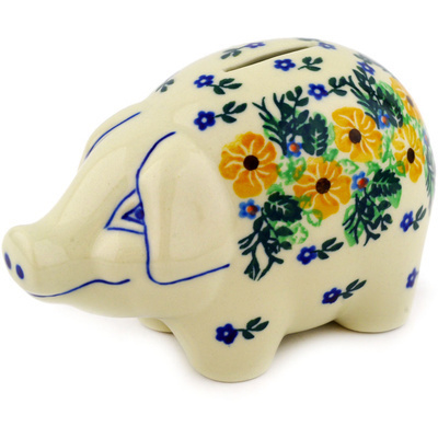 Polish Pottery Piggy Bank 5&quot; Yellow Flower Wreath
