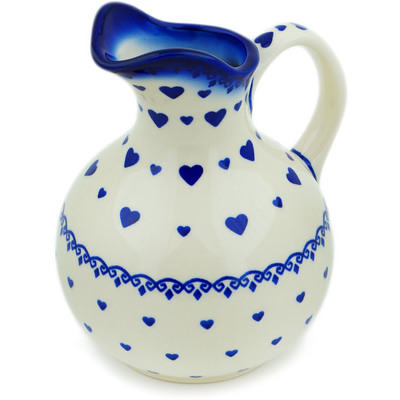 Polish Pottery Pitcher 5 Cup Blue Valentine Hearts