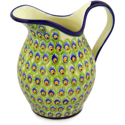 Polish Pottery Pitcher 7&frac34; Cup Peacock Feathers
