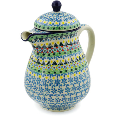 Polish Pottery Pitcher with Lid 52 oz Christmas Forest UNIKAT