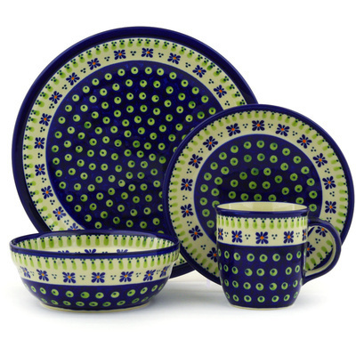 Polish Pottery Place Setting 11&quot; Green Gingham Peacock