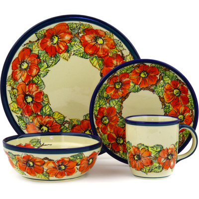 Polish Pottery Place Setting 11&quot; Red Poppy Field
