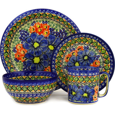Polish Pottery Place Setting 4-Piece: Mug, Bowl, Dinner Plate, Side Plate Aztec Flowers UNIKAT