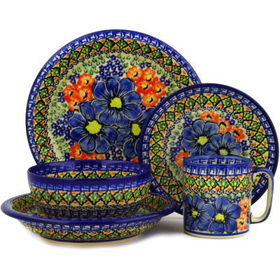 Polish Pottery Place Setting 5-Piece: Mug, Bowl, Pasta Bowl, Dinner Plate, Dessert Plate Aztec Flowers UNIKAT