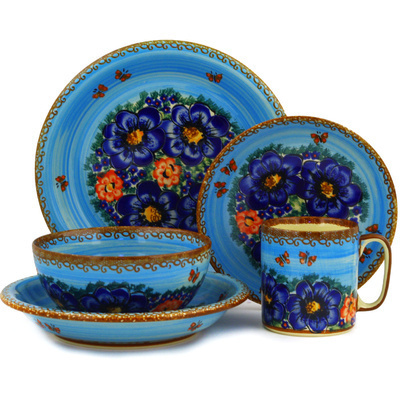 Polish Pottery Place Setting 5-Piece: Mug, Bowl, Pasta Bowl, Dinner Plate, Dessert Plate Blue Garden UNIKAT