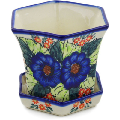 Polish Pottery Planter 5&quot; Blue Bouquet UNIKAT