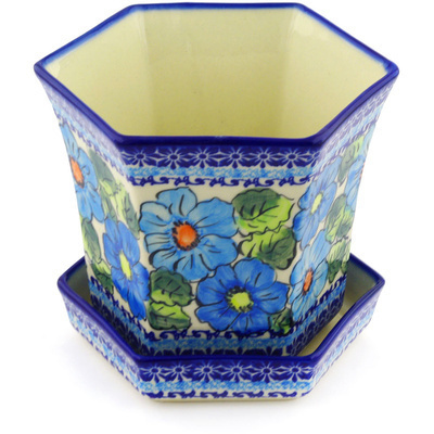 Polish Pottery Planter 7&quot; Bold Blue Poppies UNIKAT