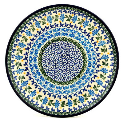 Polish Pottery Plate 10&quot; Blue Fan Flowers
