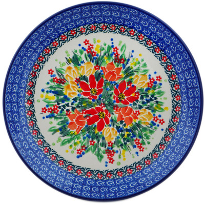 Polish Pottery Plate 10&quot; Red And Yellow Flowers UNIKAT