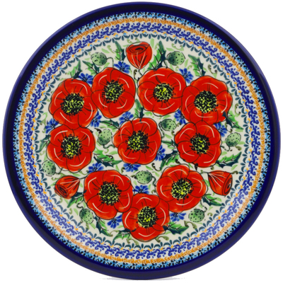 Polish Pottery Plate 11&quot; Bursts Of Red UNIKAT