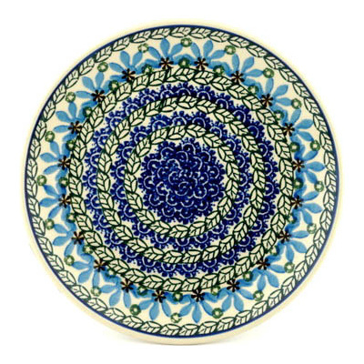 Polish Pottery Plate 9&quot; Blue Fan Flowers