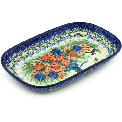 Polish Pottery Platter 10&quot; Hummingbird Bouquet UNIKAT