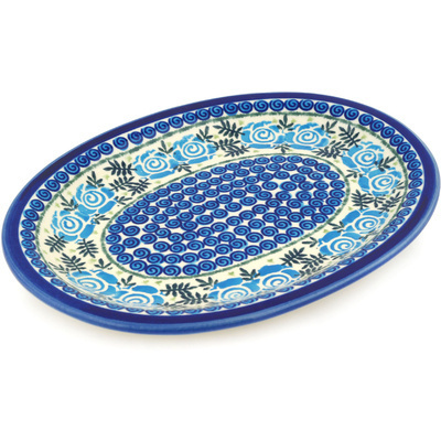 Polish Pottery Platter 11&quot; Lady Blue Roses UNIKAT
