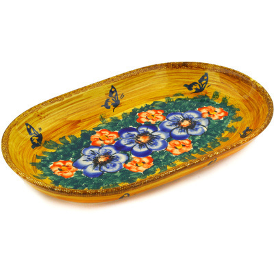Polish Pottery Platter 11&quot; Tropical Wildflowers UNIKAT