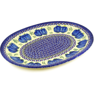 Polish Pottery Platter 13&quot; Blue Bulbs