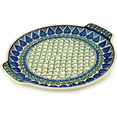 Polish Pottery Platter 13&quot; Blue Leaf