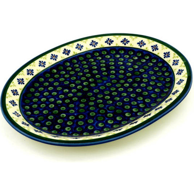 Polish Pottery Platter 13&quot; Green Gingham Peacock