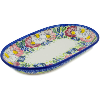 Polish Pottery Platter 13&quot; Maroon Blossoms