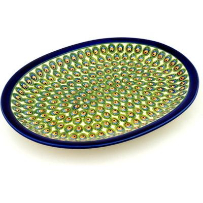 Polish Pottery Platter 13&quot; Peacock Feathers