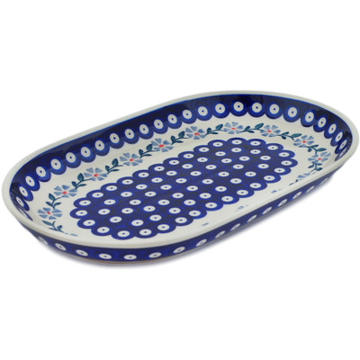 Polish Pottery Platter 13&quot; Peacock Forget-me-not