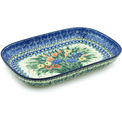 Polish Pottery Platter 13&quot; Splendid Blue Meadow UNIKAT