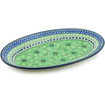 Polish Pottery Platter 14&quot; Green Pansies UNIKAT