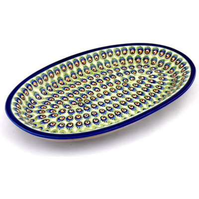 Polish Pottery Platter 14&quot; Peacock Feathers