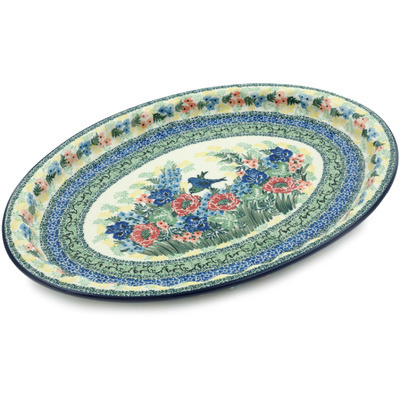 Polish Pottery Platter 15&quot; Blue Bird Meadow UNIKAT