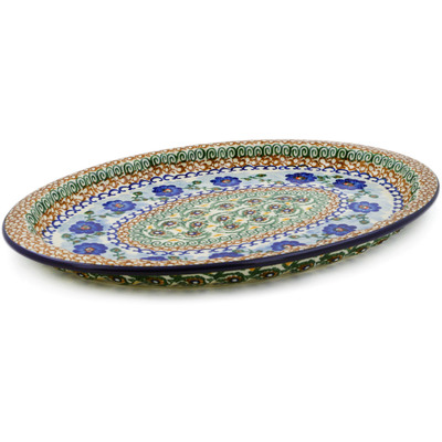 Polish Pottery Platter 15&quot; Blue Poppy Circle UNIKAT