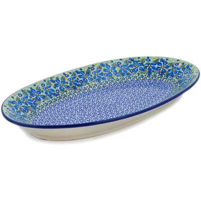 Polish Pottery Platter 18&quot; Floral Blue Dreams UNIKAT