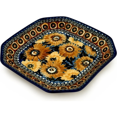 Polish Pottery Platter 8&quot; Autumn Chrysanthemums UNIKAT