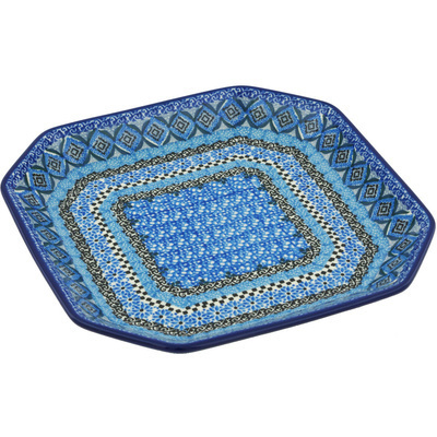 Polish Pottery Platter 8&quot; Blue Kaleidoscope UNIKAT