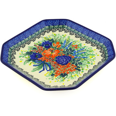 Polish Pottery Platter 8&quot; Blue Ribbon Bouquet UNIKAT