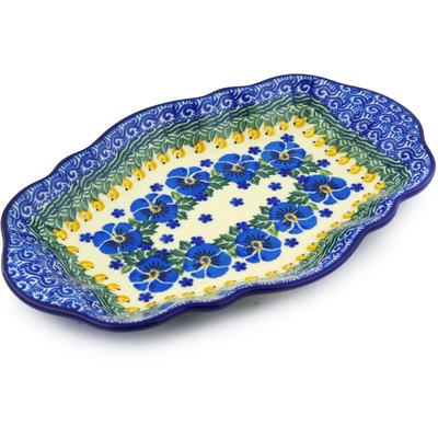 Polish Pottery Platter 9&quot; Blue Pansy Star UNIKAT