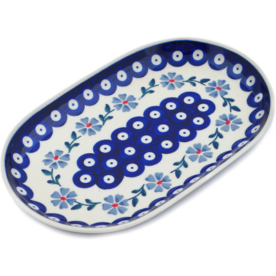 Polish Pottery Platter 9&quot; Peacock Forget-me-not