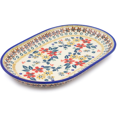 Polish Pottery Platter 9&quot; Red Anemone Meadow UNIKAT