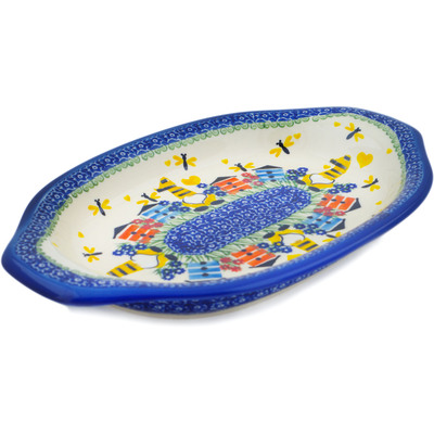 Polish Pottery Platter with Handles 12&quot; Beekeeper Gnome UNIKAT