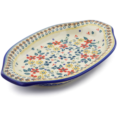 Polish Pottery Platter with Handles 12&quot; Red Anemone Meadow UNIKAT