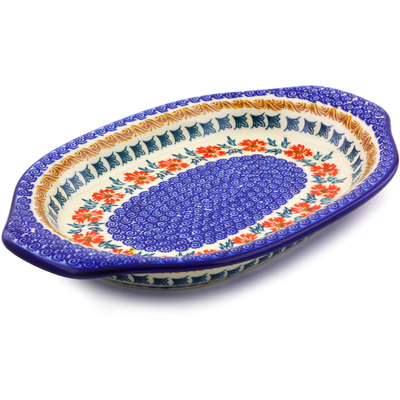 Polish Pottery Platter with Handles 12&quot; Red Cornflower