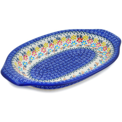 Polish Pottery Platter with Handles 12&quot; Spring Flower Ring