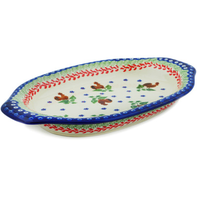 Polish Pottery Platter with Handles 12&quot; Spring Rooster