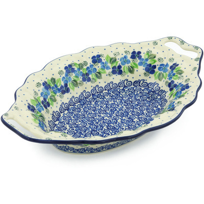 Polish Pottery Platter with Handles 13&quot; Blue Phlox