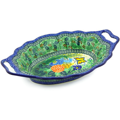 Polish Pottery Platter with Handles 13&quot; Spring Garden UNIKAT